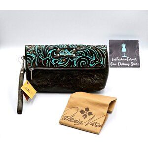 NWT Patricia Nash Women's Turquoise Brown Leather Clutch/Fold Over Wallet 2417